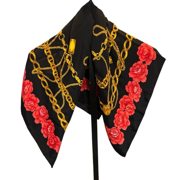 Large Black Satin Scarf with Gold Chain Print & Red Floral Border Square Scarf - Picture 3 of 12